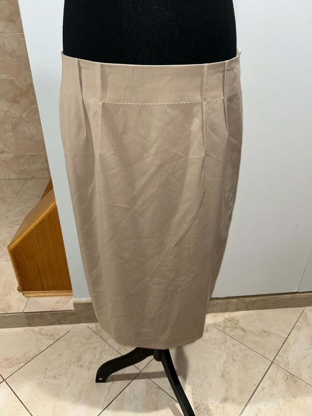 Beige Midi Skirt with Back Slit and Decorative Stitching